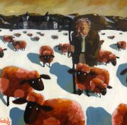 Lee Woods, acrylic on wrap around board, 'French Farmer and his Flock', 91cm x 91cm.