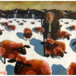 Lee Woods, acrylic on wrap around board, 'French Farmer and his Flock', 91cm x 91cm.