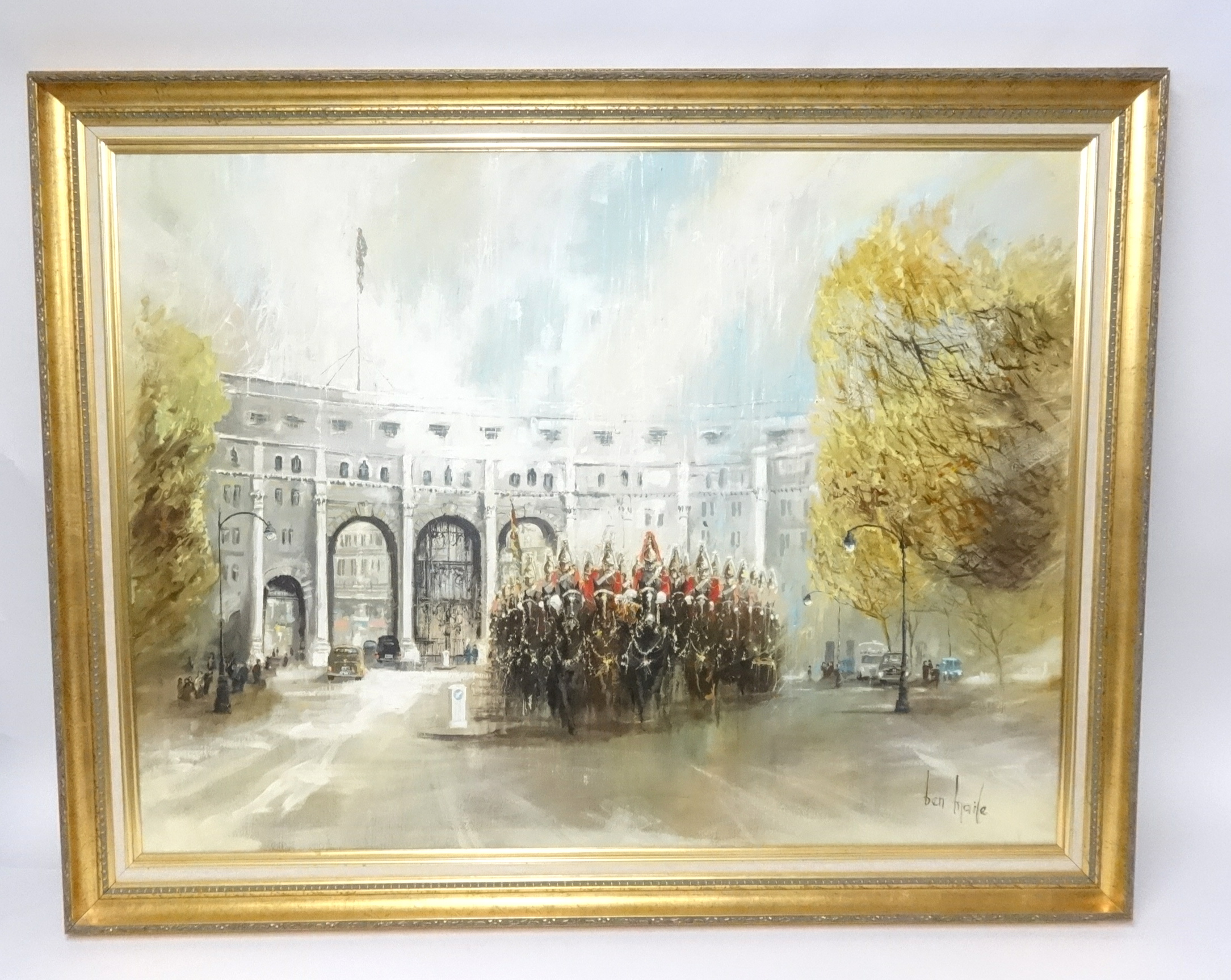 Ben Maile (1922-2017) oil on canvas 'Blues and Royals at Admiralty Arch', 96cm x 121cm, signed,