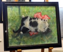 Unknown, a 20th century pastel of a 'Cat playing with red handkerchief', 56cm x 74cm.