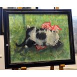 Unknown, a 20th century pastel of a 'Cat playing with red handkerchief', 56cm x 74cm.