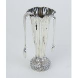 A silver spill vase, marked 'J.R.Ltd' with decorative base, a/f, together with two pairs of sugar