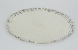 A Geo V silver salver marked 'PK & P' (Page Keen & Page Plymouth), with inscription, diameter