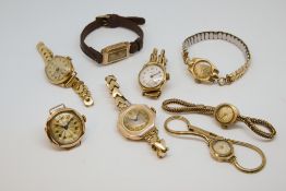 Smiths, a vintage ladies 9ct gold bracelet watch and six other various gold cased ladies watches (