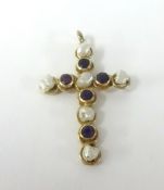 A 14ct amethyst and pearl cross approx 3.6gms.