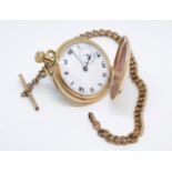 A gold plated full hunter pocket watch by Ludington, USA, with keyless movement and guard chain.