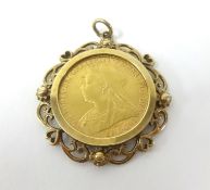 A Victoria 1893 gold sovereign set in a 9ct decorative pendant, marked 'WJP'.