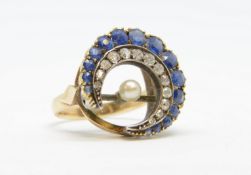 A half crescent ring set with sapphire and diamonds, size N, (possibly a brooch conversion).