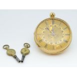 An antique 18ct open face key less pocket watch circa 1860-1870 (faults), approx 66.5gms, with '