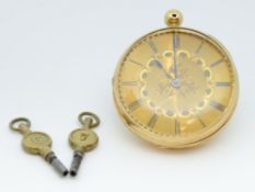 An antique 18ct open face key less pocket watch circa 1860-1870 (faults), approx 66.5gms, with '