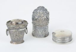 Three silver miniatures incl basket, an ornate hanging candle box and a circular rouge pot (3),