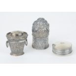 Three silver miniatures incl basket, an ornate hanging candle box and a circular rouge pot (3),