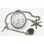 A silver open face key less pocket watch and guard chain AF.