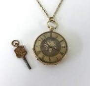 An 18ct gold pocket watch on 9ct gold chain, with key.