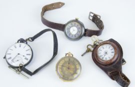Three assorted antique pocket watches and a trench watch.