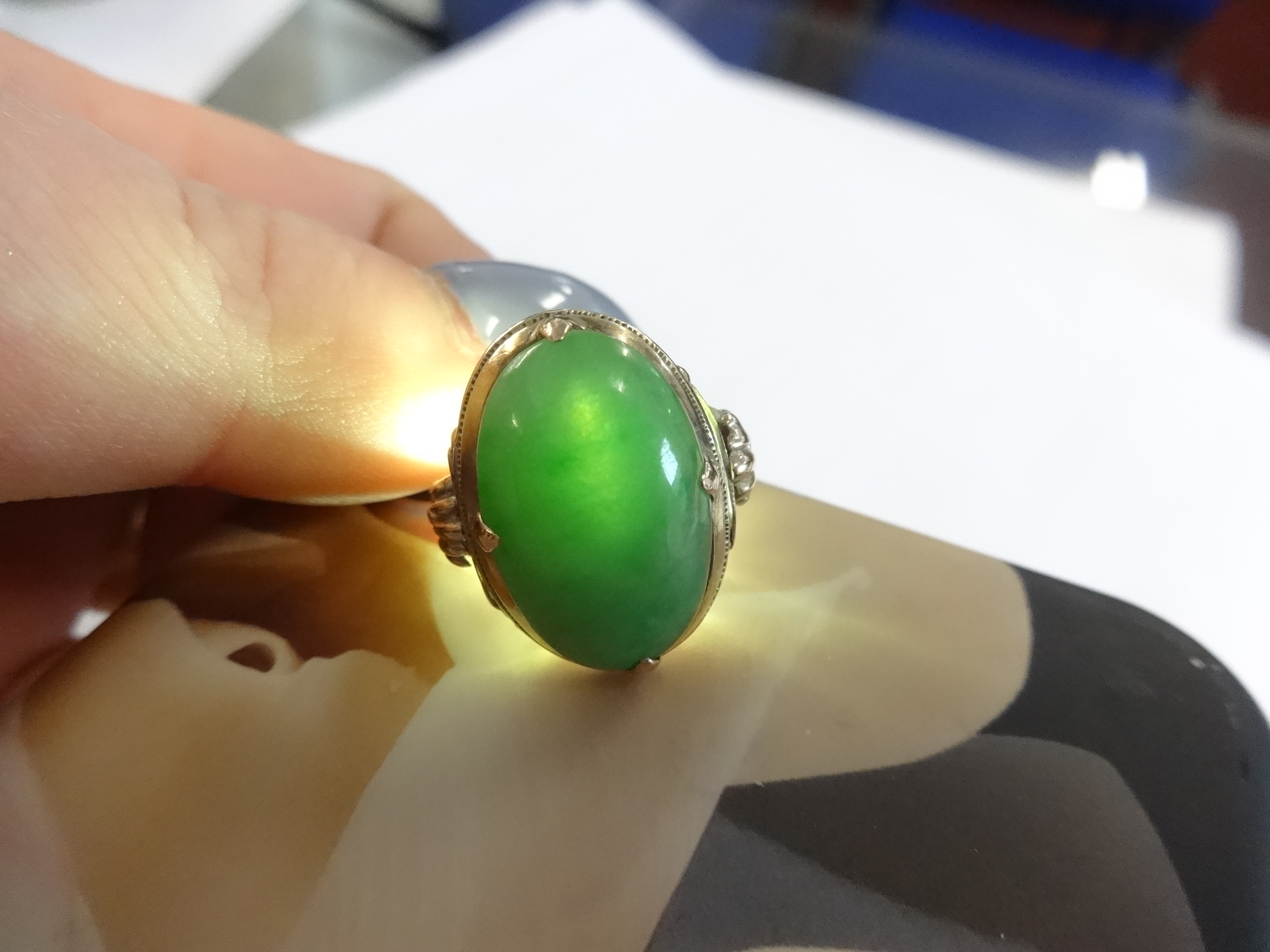 An antique jade set yellow gold ring marked '14k', size J, stone size approx 20mm x 10mm. - Image 3 of 5