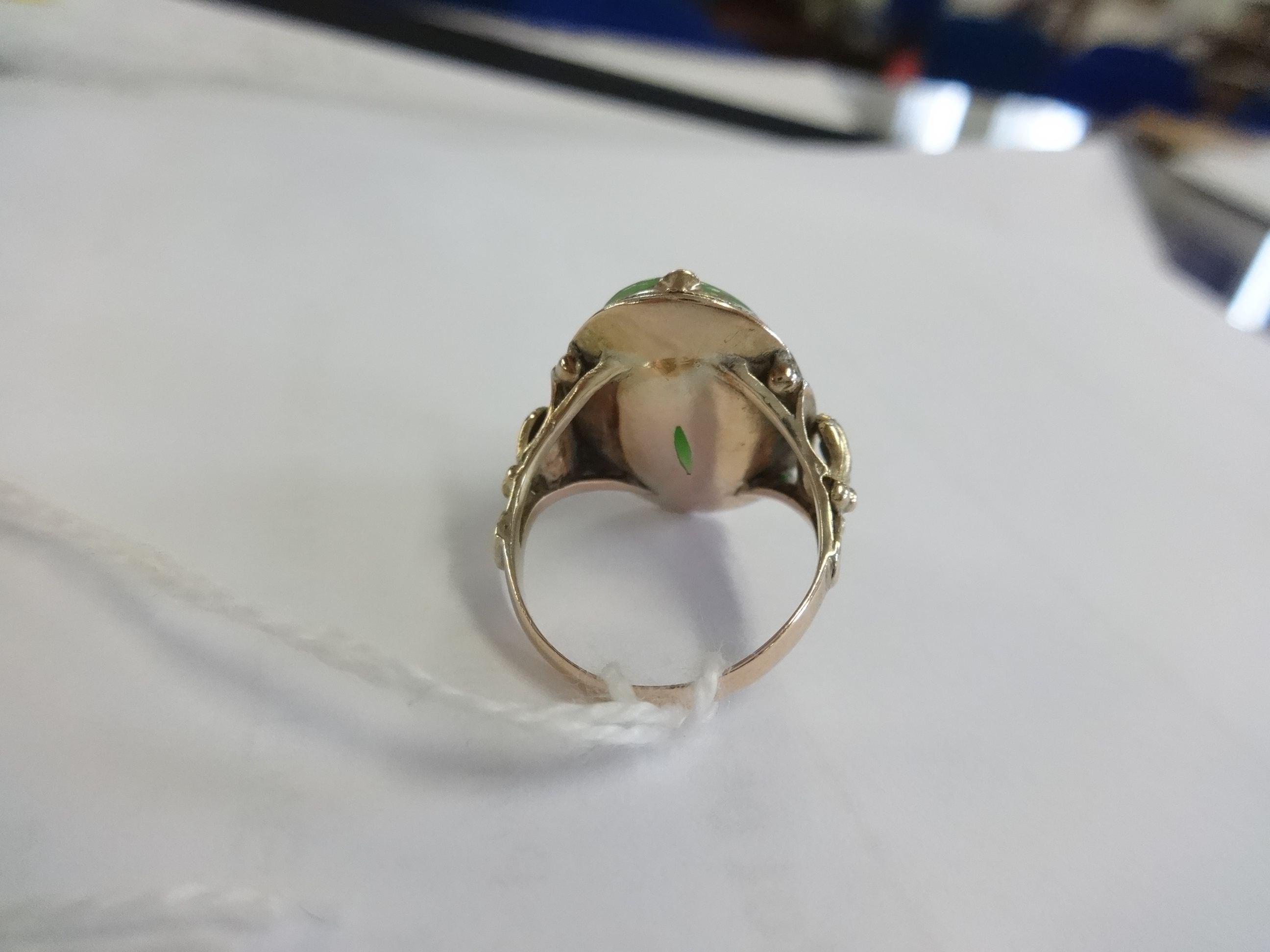 An antique jade set yellow gold ring marked '14k', size J, stone size approx 20mm x 10mm. - Image 4 of 5