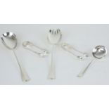 A pair of silver servers with rat tail bowls, two pairs of sugar tongs and a caddy spoon with