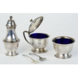 A Geo V silver three piece cruet set marked 'S & Co Ltd', approx 3.70oz.