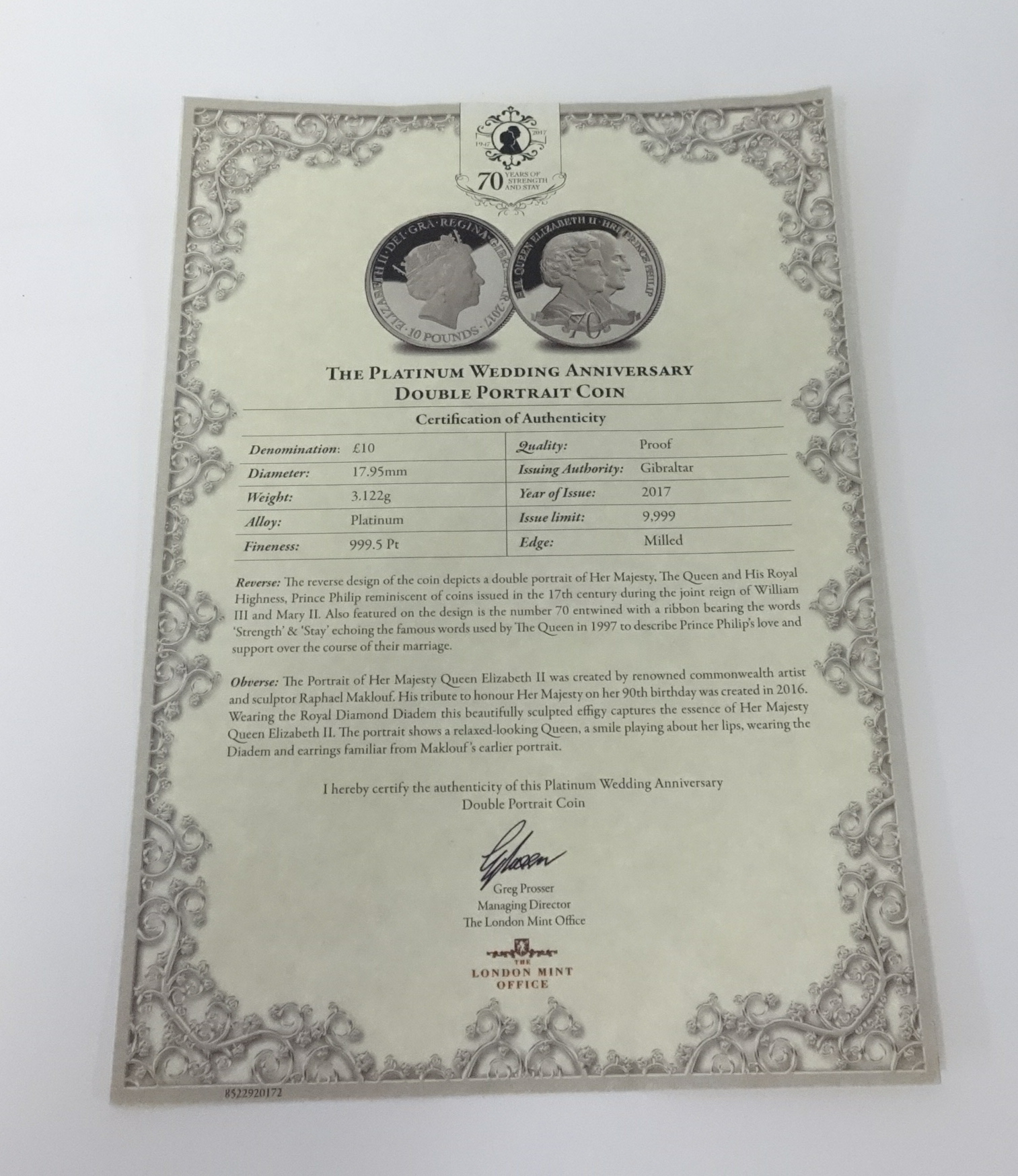 London Mint, The Platinum Wedding Anniversary double portrait coin, proof, 2017, 10 pound with - Image 3 of 3