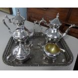 Four piece silver plated tea service marked 'Rodgers' together with a silver plated tray.