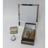 A box of various costume and gilt jewellery, necklaces, open face pocket watch, wristwatches and a