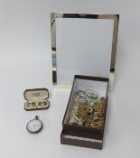 A box of various costume and gilt jewellery, necklaces, open face pocket watch, wristwatches and a