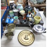 A three piece silver plated tea service, various pewter ware, sundry vases, biscuit barrel etc.