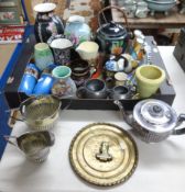 A three piece silver plated tea service, various pewter ware, sundry vases, biscuit barrel etc.