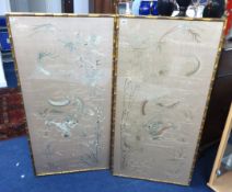 A pair of Chinese silkwork pictures of dragons in faux bamboo frames 124 x 63 cm