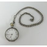 An Omega antique silver fob watch with guard chain, keyless movement, arabic numerals.