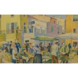 Allinson?, mid 20th century pastel scene, 'Continental Market', 34cm x 52cm.