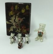 An Arcadian crested teddy bear, Buckfastleigh, four miniature cat musicians and a lacquered flower