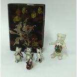 An Arcadian crested teddy bear, Buckfastleigh, four miniature cat musicians and a lacquered flower