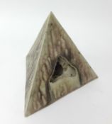 Mary White (1926-2013), pyramid vase with mottled green decoration and Mary White paper label 'The