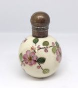 Edwardian silver mounted and porcelain scent bottle decorated with flowers, hallmark C.M Charles May
