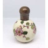 Edwardian silver mounted and porcelain scent bottle decorated with flowers, hallmark C.M Charles May