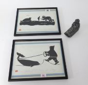 A Canadian Inuit type carving of an Eskimo together with a pair of Eskimo prints, Henry Rapastuk (