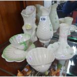 Three modern Belleek vases, shell cup, ring stand, also early Co Fermanagh mark cup, saucer and