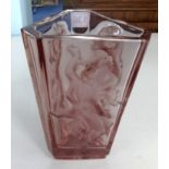 Royalist Art Deco glass vase, three sided heavy vase, moulded and acid etched, height 21cm.