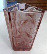 Royalist Art Deco glass vase, three sided heavy vase, moulded and acid etched, height 21cm.
