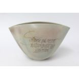 Mary White (1926-2013) stoneware bowl, with calligraphic latin decoration in gold 'Scribere,