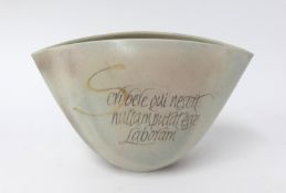 Mary White (1926-2013) stoneware bowl, with calligraphic latin decoration in gold 'Scribere,