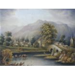 A porcelain tile, marked 'Keswick from Greta Bridge', 21cm x 26cm, repaired to one corner.