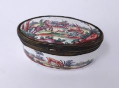 A 19th century Bilston style enamel porcelain box decorated with stag hunting scene.