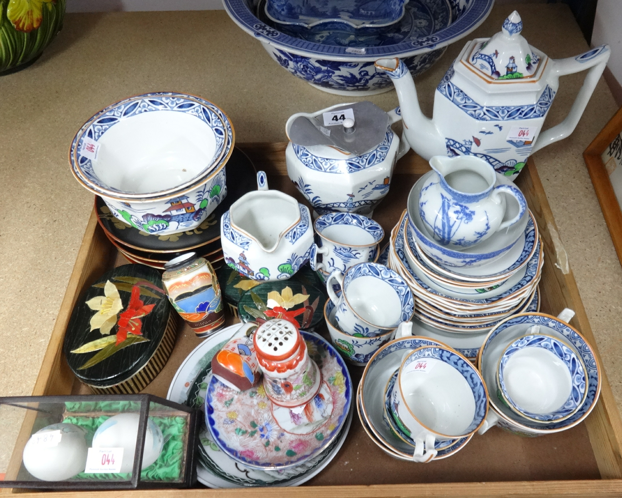 A collection of Woods Chinese patterned teawares, other ornaments and a oriental print etc.