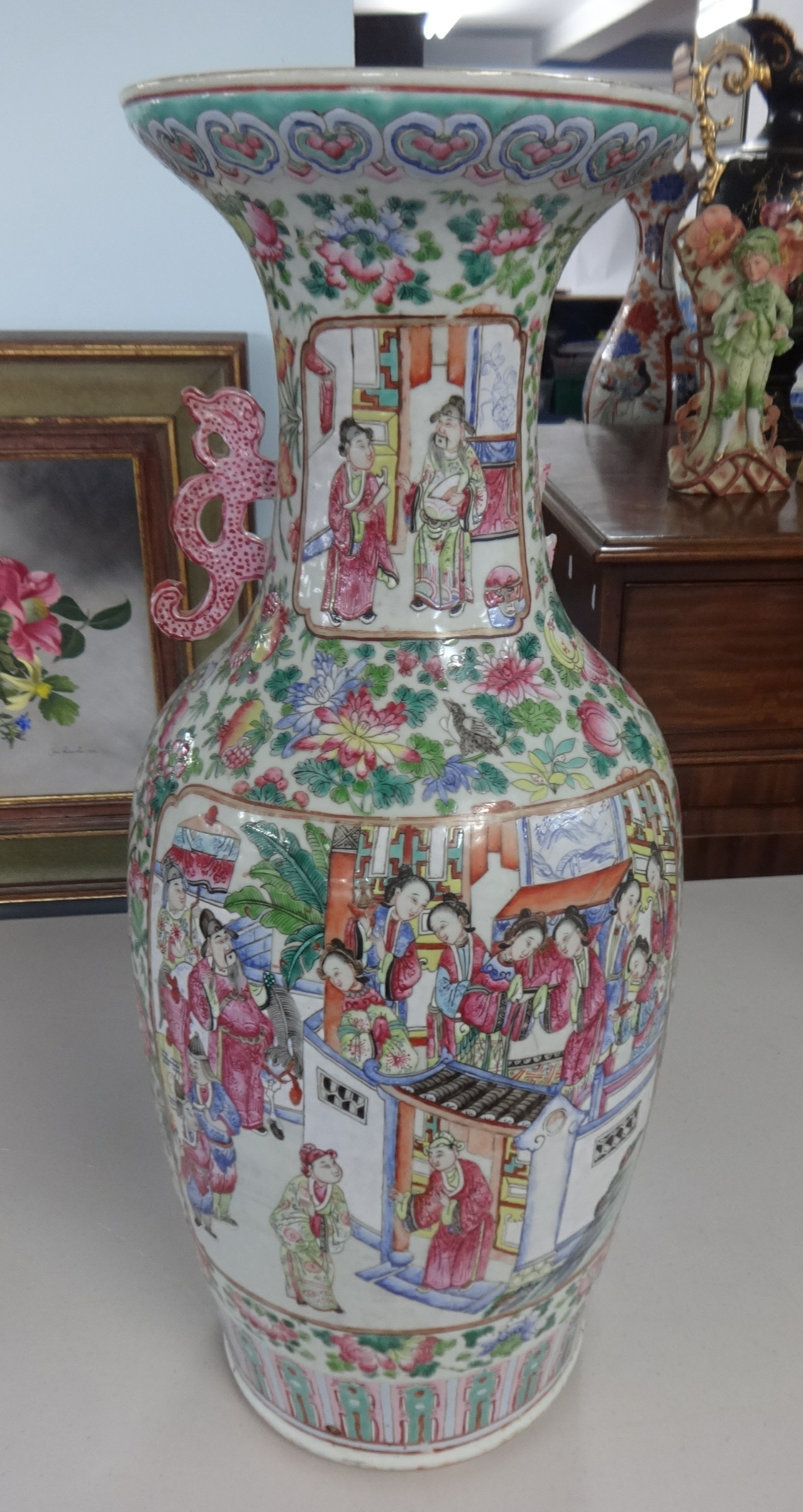 A 19th century famille rose Chinese porcelain vase, lacks one side handle, height 60cm. - Image 2 of 12