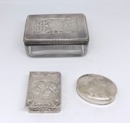 Silver and glass box and two modern silver boxes including Cherub decorated (3)