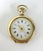 A gilt open faced fob watch, back plate marked 'Star', keyless movement, enamelled and gilt dial