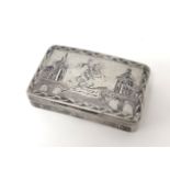 An antique Russian silver and niello snuff box, decorated with a horse back figure, river and